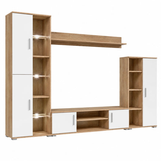 Armoire, avec étagères, avec éclairage LED, en chêne, coloris blanc, pour la chambre