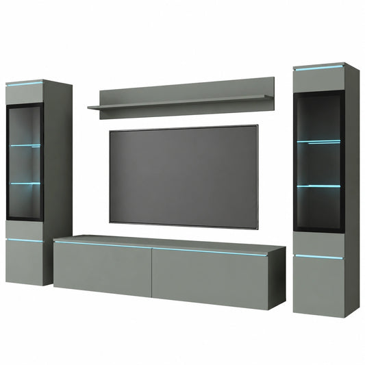 Meuble TV, en verre, avec rangement, avec étagères, coloris vert, pour le salon
